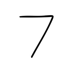 Slim digit number seven 7. Black font symbol in hand drawn doodle style. Vector illustration isolated on white background. For menu, presentation, branding, font, education, math.