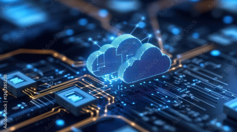 Poster glowing cloud computing symbol on circuit board. (2)