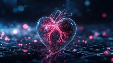 Glowing digital heart with internal vascular system.