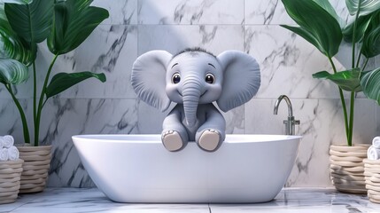 Cute cartoon elephant taking a bath in a modern bathroom.