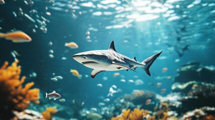 Fototapeta premium Shark and small fishes in ocean