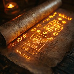 Fototapeta premium Ancient Scroll Illuminated with Mystical Symbols and Candlelight Illuminating Esoteric Secrets