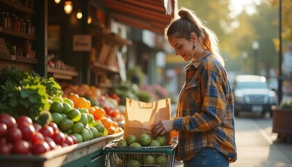 Obraz premium A young woman selecting fresh produce at a vibrant outdoor market stall