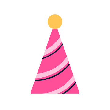 Birthday party hat. Festive cone-shaped paper cap with stripes, for celebration. Traditional headwear for bday holiday. Funny head accessory. Flat vector illustration isolated on white background