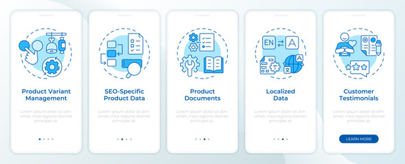 Key product information blue onboarding mobile app screen. PIM system. Walkthrough 5 steps editable graphic instructions with linear concepts. UI, UX, GUI. Montserrat SemiBold, Regular fonts used
