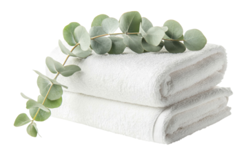 Fresh eucalyptus sprig resting on neatly stacked white towels for a tranquil setting isolated on transparent background