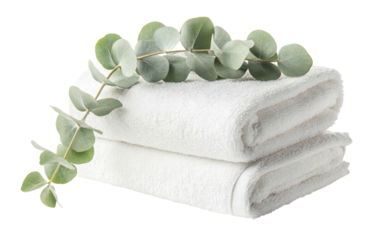 Fresh eucalyptus sprig resting on neatly stacked white towels for a tranquil setting isolated on transparent background