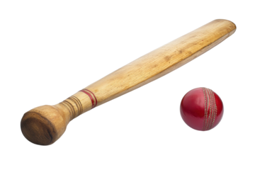 Wooden cricket bat and red leather ball resting on a white surface, ready for an exciting match isolated on transparent background