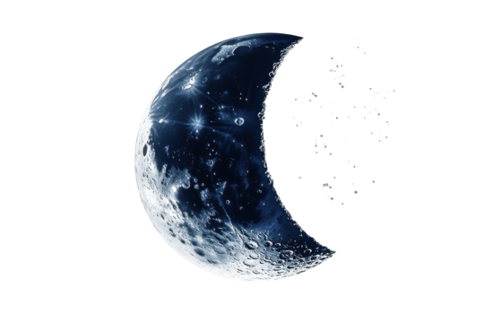 A mystical crescent moon dissolving into shimmering stardust under the night sky isolated on transparent background