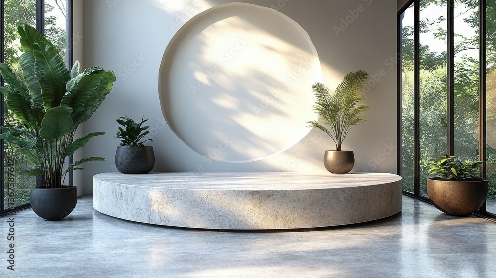 Poster pedestal of platform display with modern stand podium on white room background blank exhibition stag