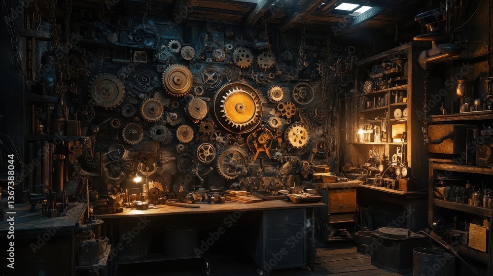 Poster an old workshop filled with gears and mechanical objects