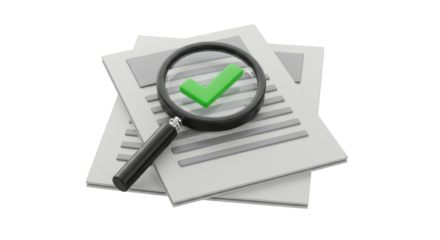 Isolated Stack of Documents Under Magnifying Glass with Green Checkmark