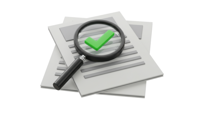 Isolated Stack of Documents Under Magnifying Glass with Green Checkmark
