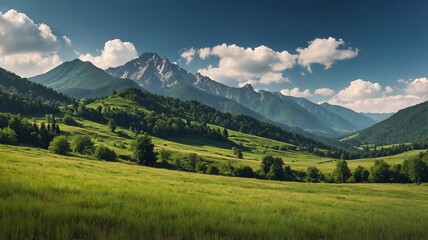 Fototapeta premium Breathtaking view of lush green valleys flanked by majestic mountains under a beautiful blue sky.