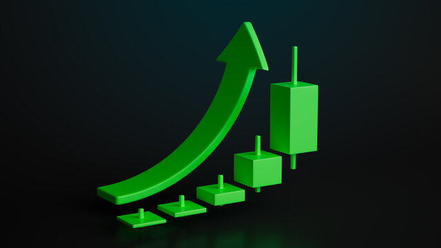 Ascending Green 3D Candlestick Chart on Dark Background - Symbolizing Financial Growth and Stock Market Success