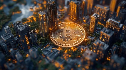 Digital currency concept featuring a bitcoin against a background of a modern city landscape