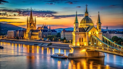 Naklejka premium Budapest Elizabeth Bridge & Church of Blessed Virgin Mary, Pest Embankment Scenic View