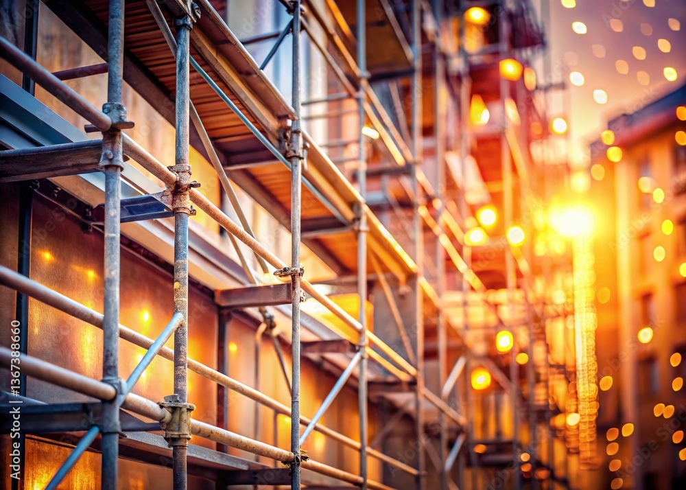 Poster building renovation: scaffolding with bokeh background - stock photo