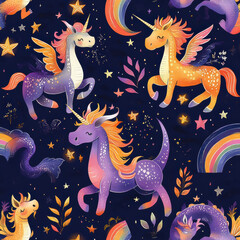seamless pattern featuring vibrant fantasy creatures, including colorful unicorns with wings, stars, rainbows, and whimsical elements, creating magical atmosphere