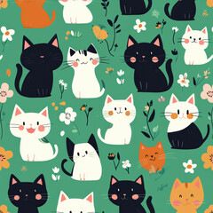 Cute cartoon cats in various colors and expressions are playfully arranged against pastel green background, surrounded by flowers and foliage, creating cheerful and whimsical atmosphere