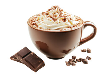 Indulgent hot chocolate topped with whipped cream and chocolate sprinkles on a cozy winter day isolated on transparent background