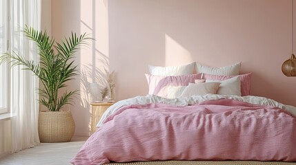 Cozy modern bedroom with pink bed and stylish decor, set against a pink or white wall.