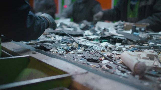 Sorting of waste on a conveyor belt. Male workers inspect a pile of garbage at a recycling facility. Unrecognizable men take care of the environment. Males touch trash made of iron and plastic
