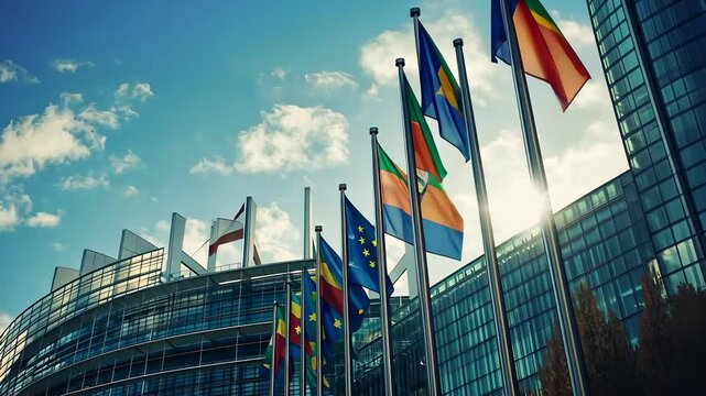 Flags flutter at the European Parliament building in Strasbourg on a sunny afternoon