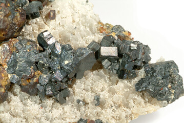 Mineral Bournonite, Bournonite crystals with ruby sphalerite crystals on quartz, Wheal Boys, St. Endellion, Cornwall, England