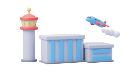 Isolated 3D Airport Scene with Control Tower and Airplane