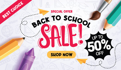 Back to school sale clipart banner. School promotion clip art template with special offer 50% discount for shopping promo background vector illustration. 
