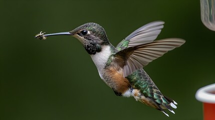 Fototapeta premium A rufous hummingbird in flight gracefully carries a small insect in its beak near a feeder.