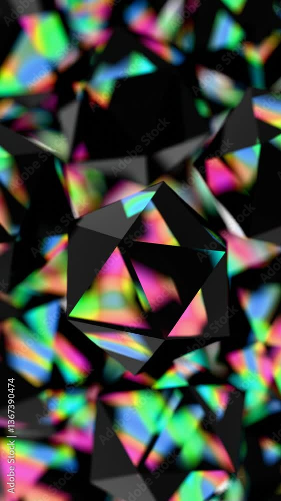 Aufkleber black polyhedral shapes with vibrant, iridescent surfaces floating on a black background, merging il
