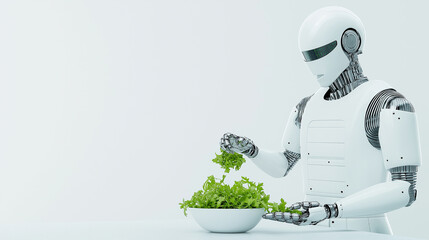 Humanoid robot chopping fresh vegetables, preparing balanced green salad within sleek, high tech kitchen workspace highlighting advanced culinary automation