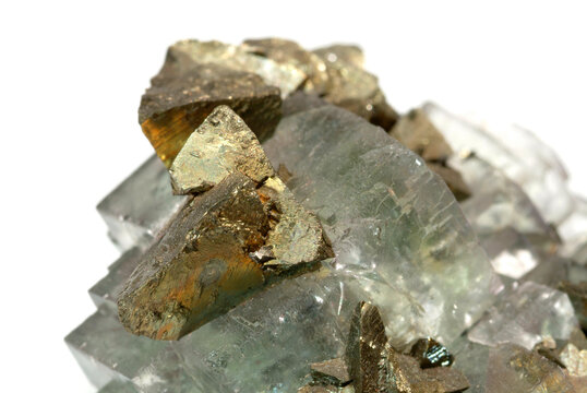 Mineral Chalcopyrite, Tetrahedral pyramid crystals of chalcopyrite on green fluorite cube, Wheal Trevaunance, St. Agnes, Cornwall, England