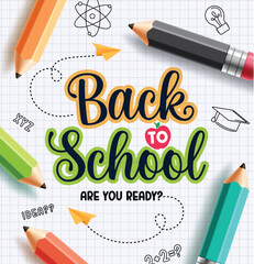 Back to school greeting clipart poster. School greeting in grid background with colorful color pencil educational items clip art vector illustration.  
