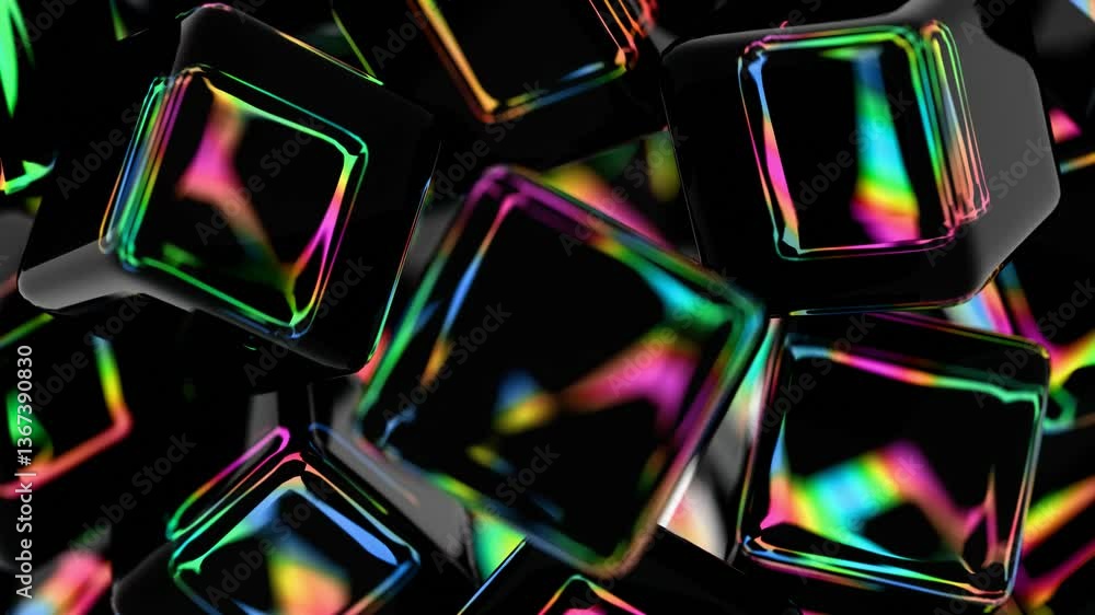 Poster glossy black cubes with iridescent edges arranged on a dark background, blending illusions and techn