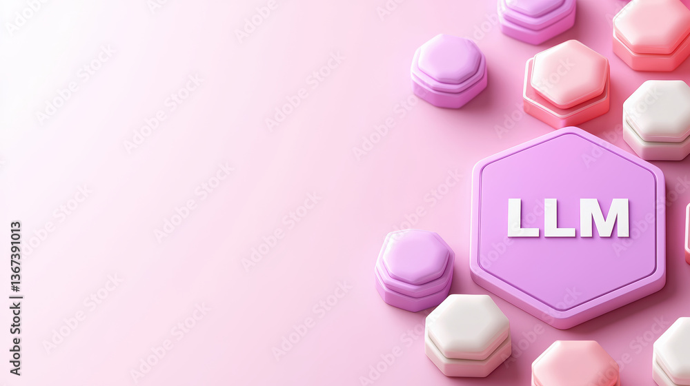 Poster a colorful arrangement of hexagonal shapes on a soft pink background, featuring the letters 