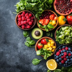 Fresh and Colorful Assortment of Fruits and Leafy Greens on Table