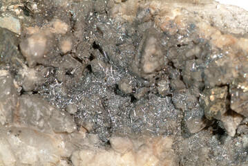 Mineral Boulangerite, Micro crystals in a cavity in a quartz-pyrite matrix, Geevor mine, Trewellard, St. Just, Cornwall, England