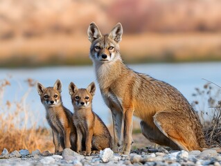Obraz premium A vigilant coyote mother protectively watches over her two adorable pups near a tranquil desert river.