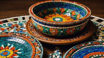 Colorful mosaic ceramic bowls and plates artfully arranged, showcasing intricate patterns and vibrant hues.