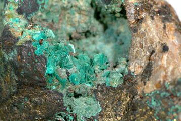 Mineral Chalcophyllite, Emerald green tabular crystals in a cavity of quartz chalcopyrite ore,...