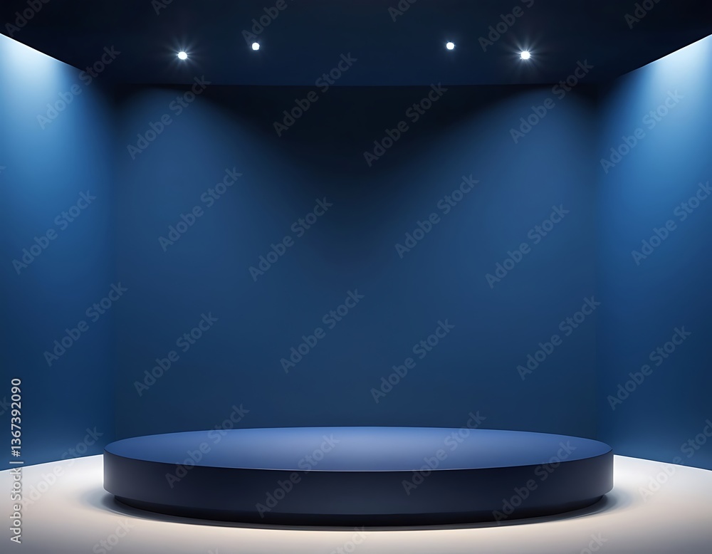 Poster 3d rendering product display platform,3d blue podium with neon light circle glows behind a podium in