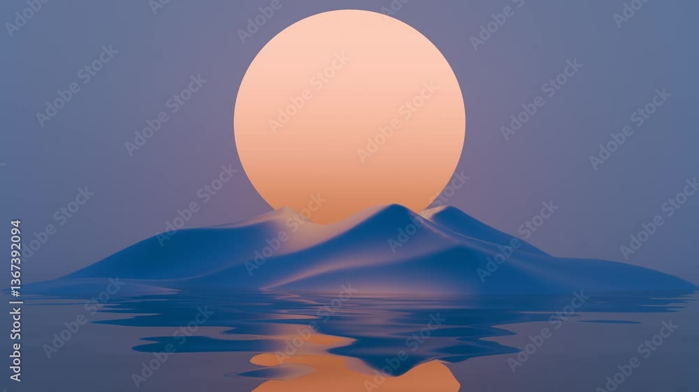 Aufkleber minimal abstract scene with a large orange sun and rolling blue waves against a purple sky, creating