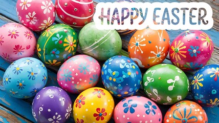 Fototapeta premium Vibrant Hand-Painted Easter Eggs with Unique Artistic Patterns Colorful Designs Arranged on Rustic Blue Wooden Surface with Festive Spring Elements for a Cheerful and Joyful Easter Holiday Celebration