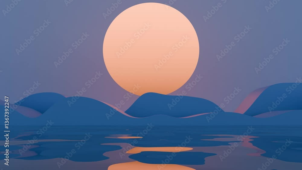 Aufkleber minimal abstract scene with a large orange sun and rolling blue waves against a purple sky, creating