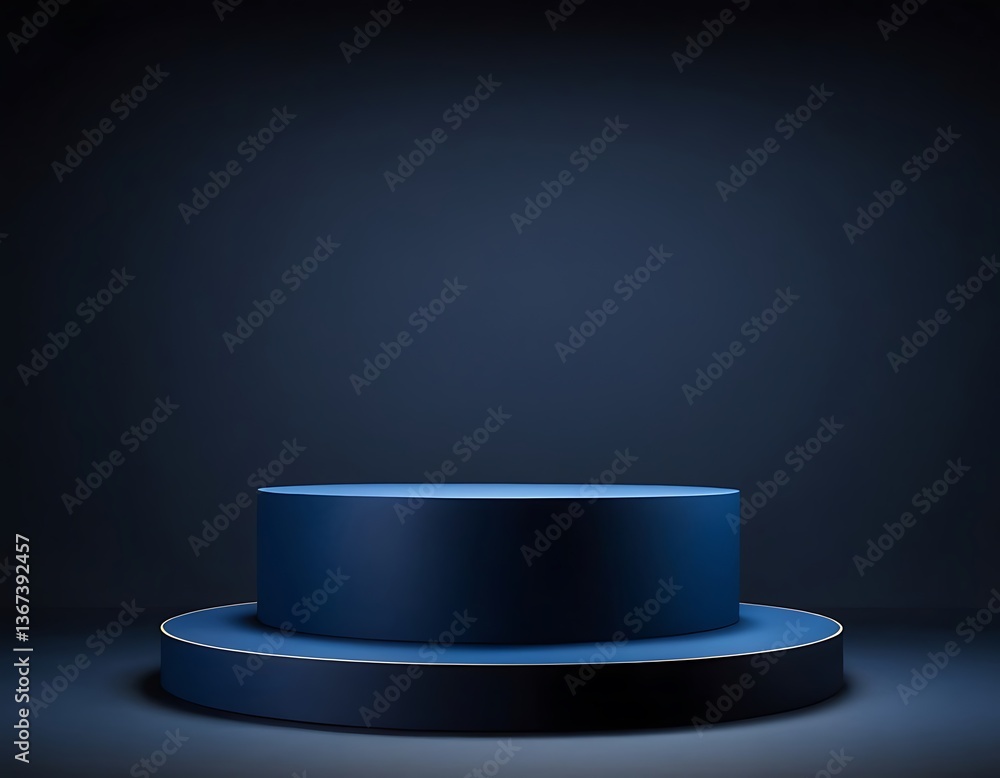 Poster 3d rendering product display platform,3d blue podium with neon light circle glows behind a podium in
