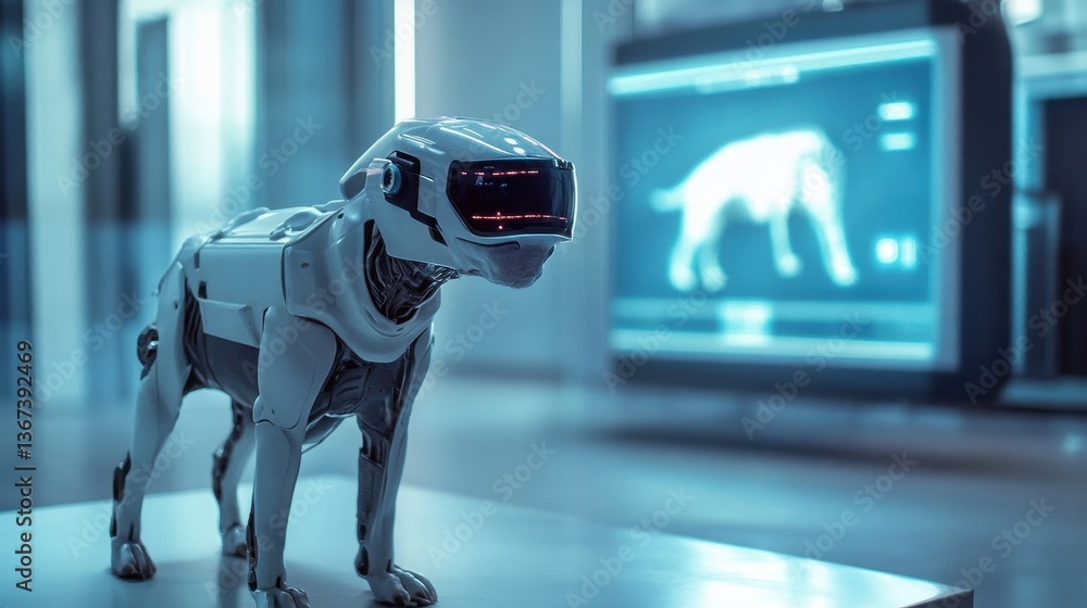 Aufkleber a robotic dog stands in front of a diagnostic computer screen
