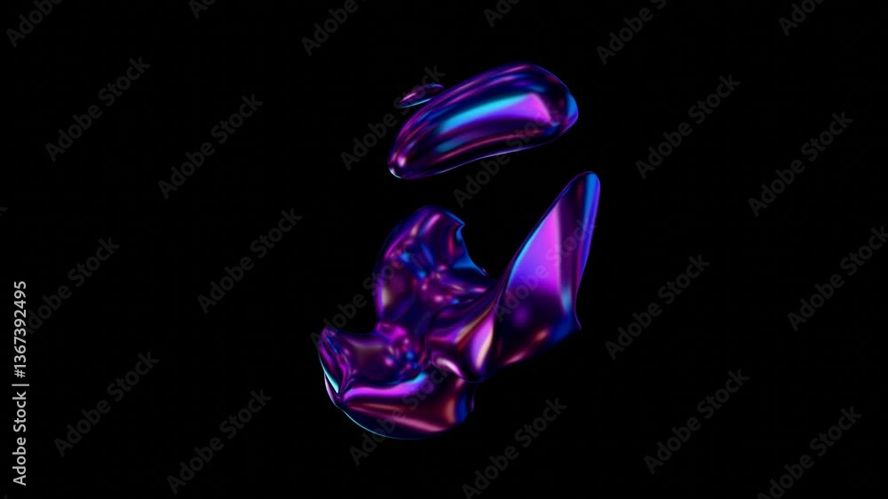 Poster Fluid metallic lumps in neon purple and blue float on a black background, creating an abstract wave pattern that merges illusions, technology, and futuristic design.